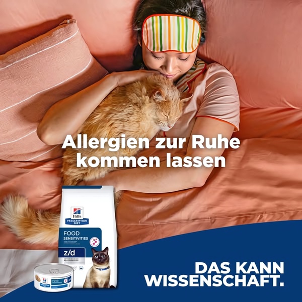 A split-view creative showing a relaxed cat owner and their pet next to Hill's Prescription Diet packaging to convey medical authority.